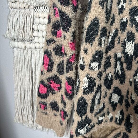 Leopard Open Front Fuzzy Cardigan Sweater M - Picture 4 of 6